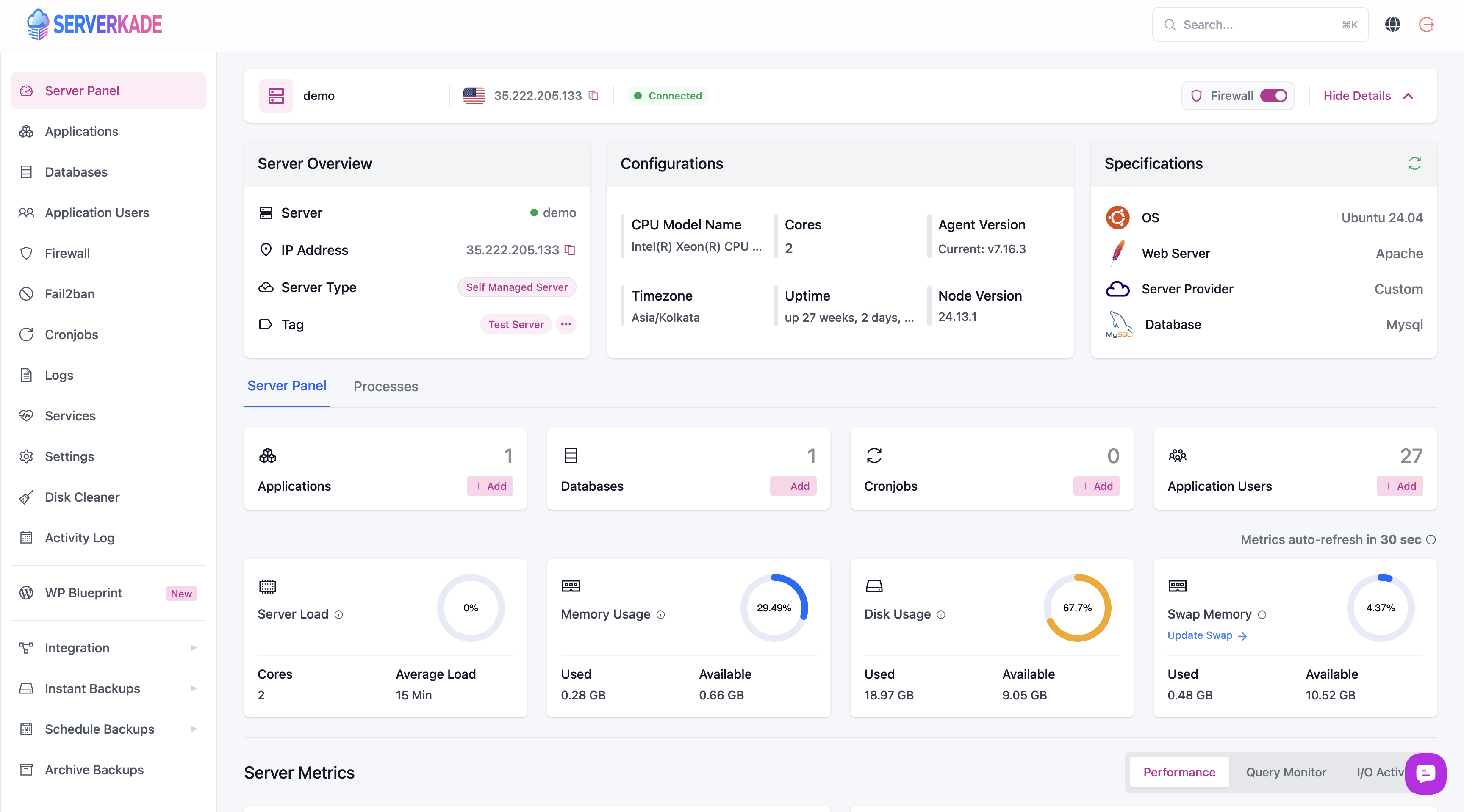 ServerKade server management dashboard